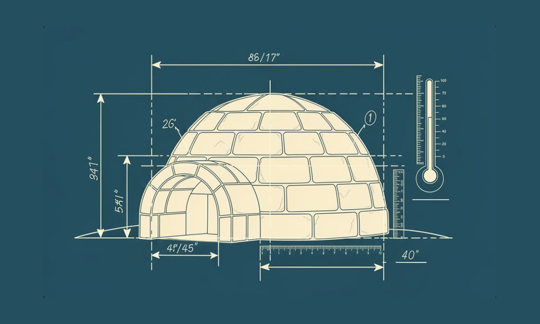 Blueprint-style technical drawing of an igloo annotated with dimensions and a thermometer